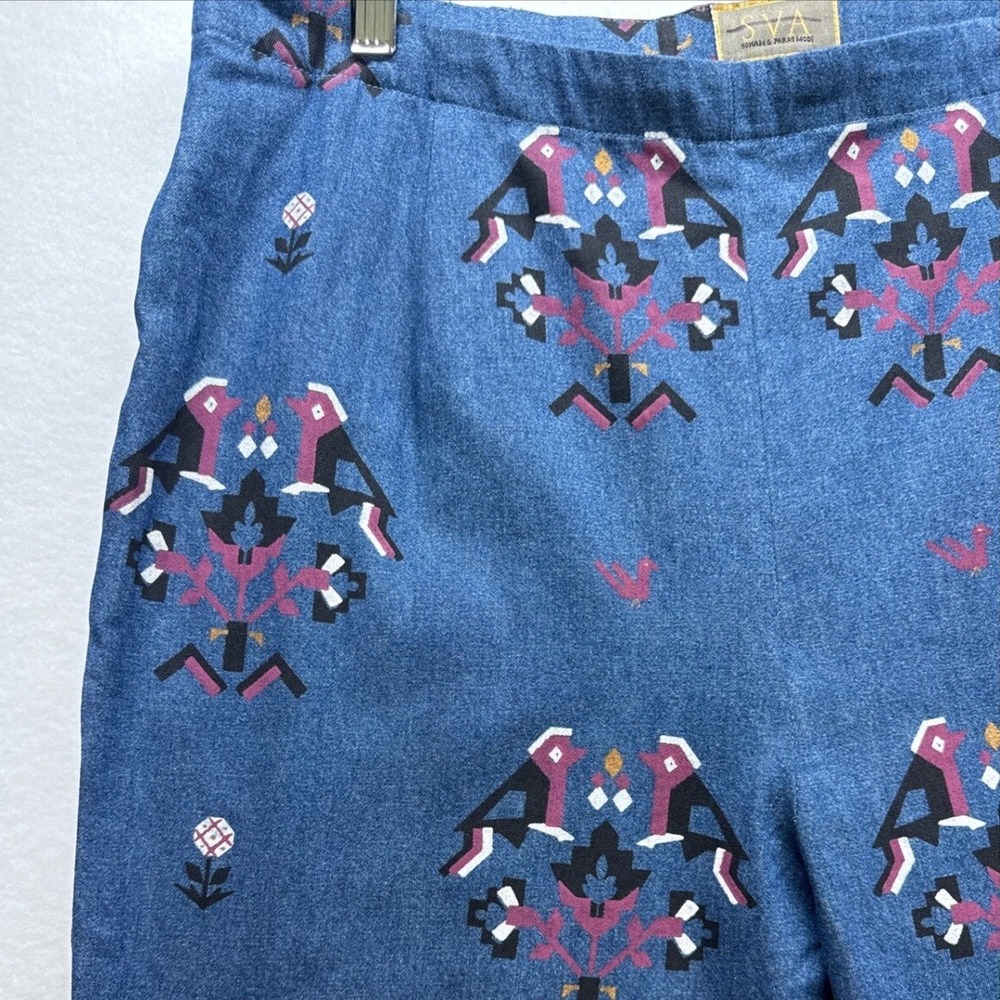 Anthropologie SVA Sonam Paras Modi Boho Bird Floral Blue Denim Pants Size 10 - Picture 4 of 16